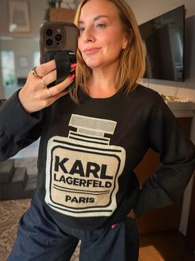 Karl Lagerfeld Black Sweater with Cream & Tan metallic Perfume-Bottle Graphic